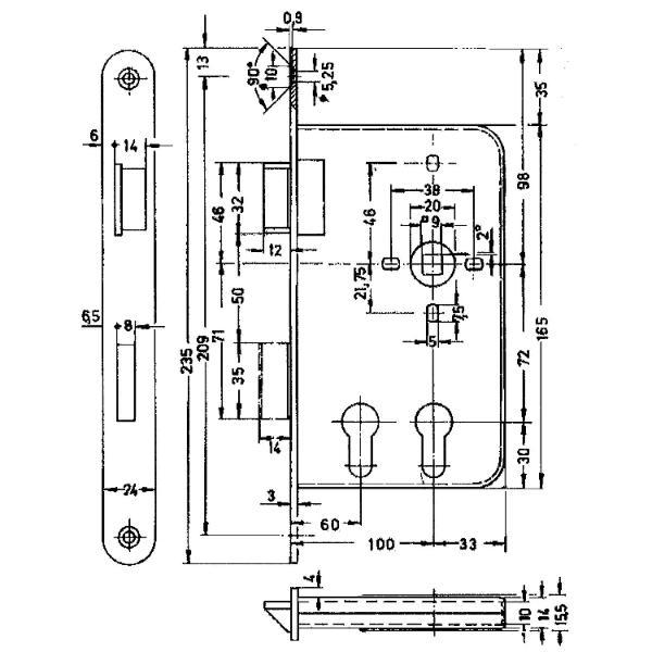 BMH Einstemmschloss 1015 PZW/2 PZ Funktion, links, DM 60/100,Edelstahl Stulp 24