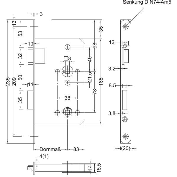 BMH Einstemmschloss Meisterstück WC, links, Dorn 65, Rundstulp 20mm, Edelstahl
