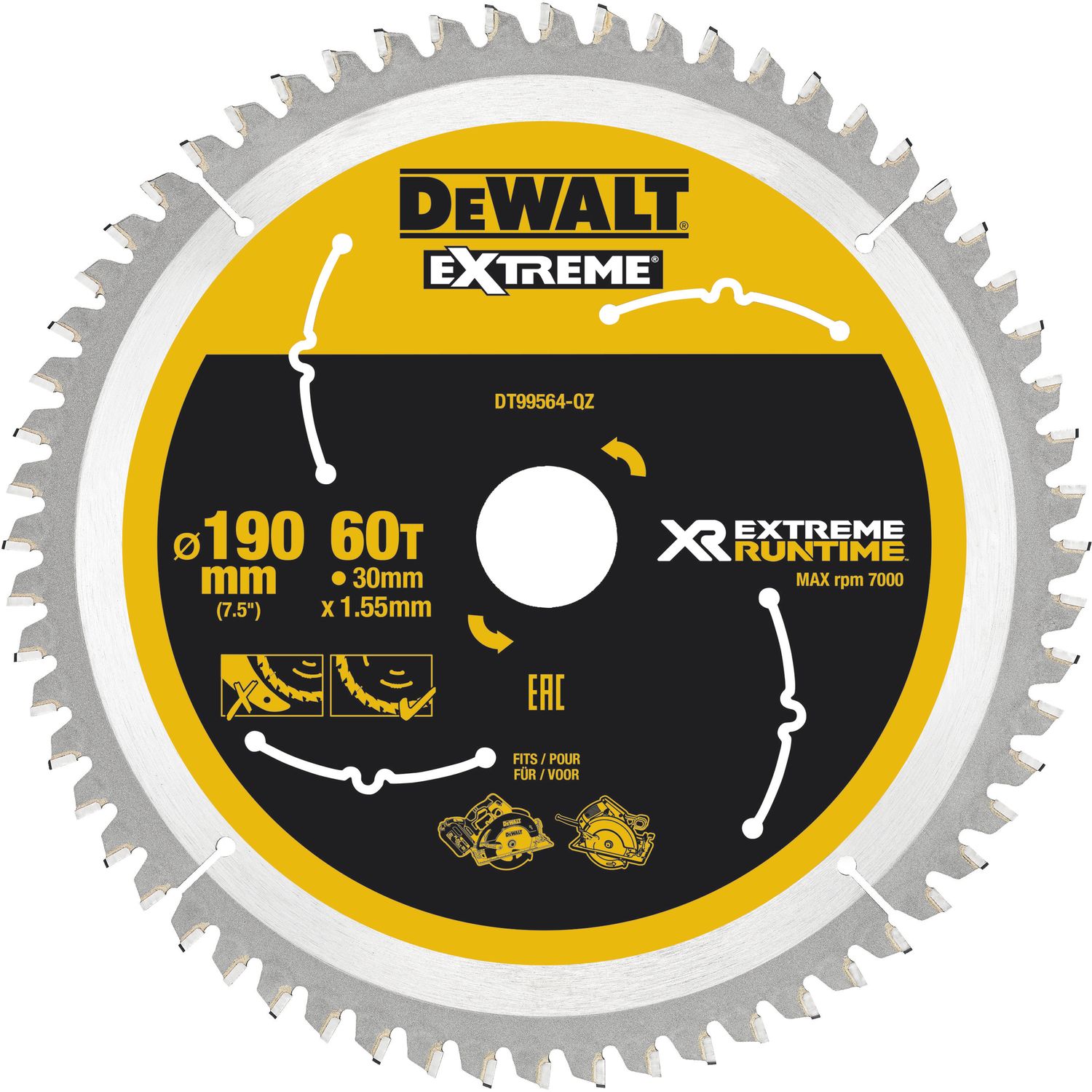 DeWalt Kreissägeblatt XR Extrem Runtime HM ø 190 x 1,38 x 30mm Zähne 60 (WZ/FZ)