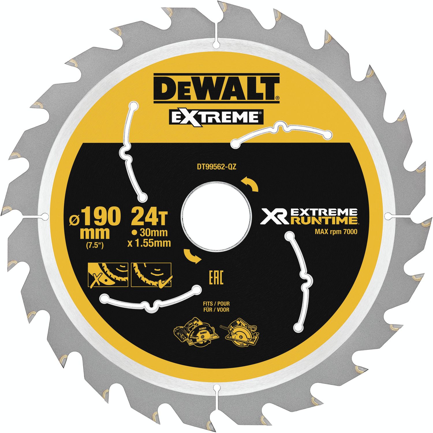 DeWalt Kreissägeblatt XR Extrem Runtime HM ø 190 x 1,38 x 30mm Zähne 24 (WZ/FZ)
