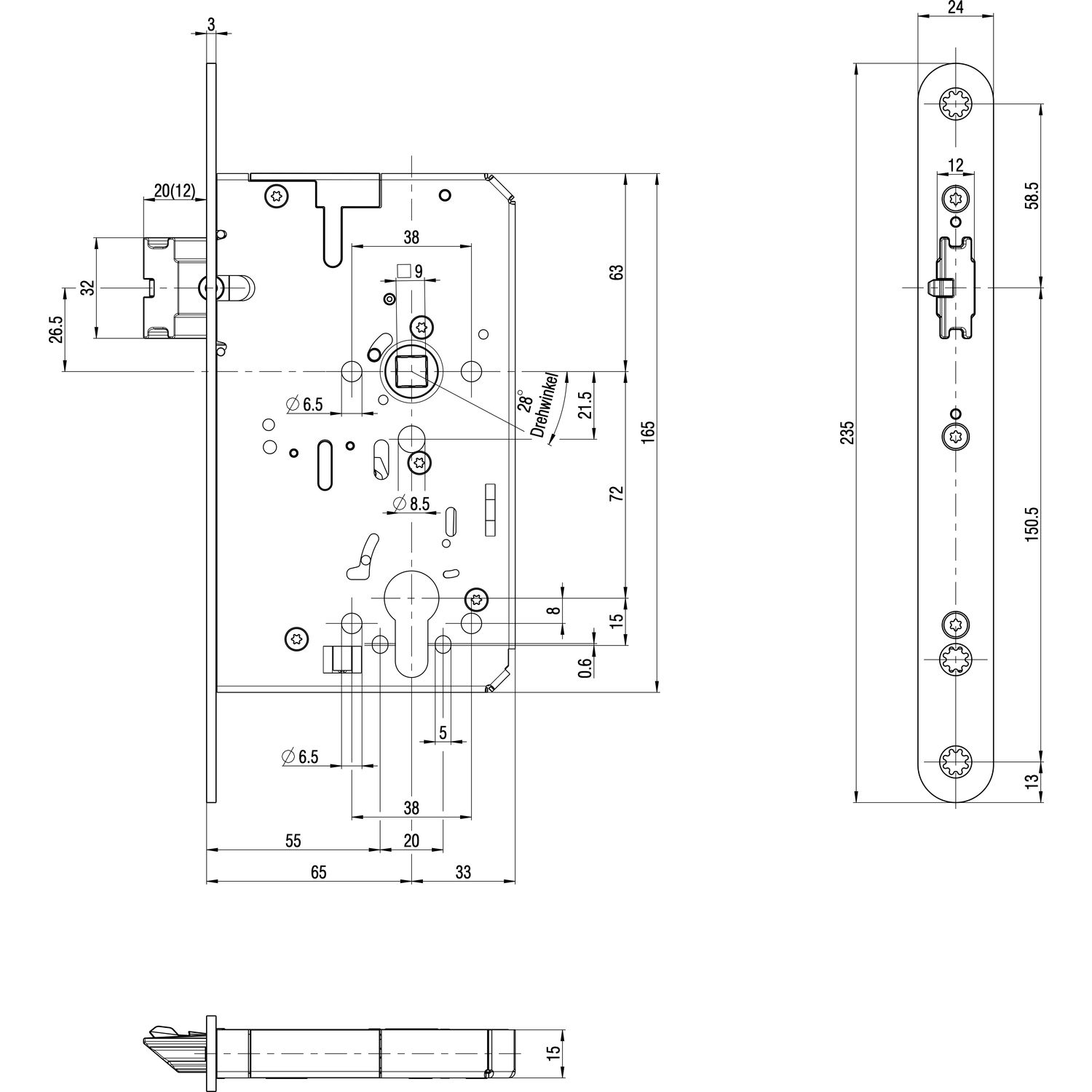 BKS Fluchttürschloss B-21160-42-L-8 1-flg. Funktion E, Rundstulp 24,PZ 65 univ.