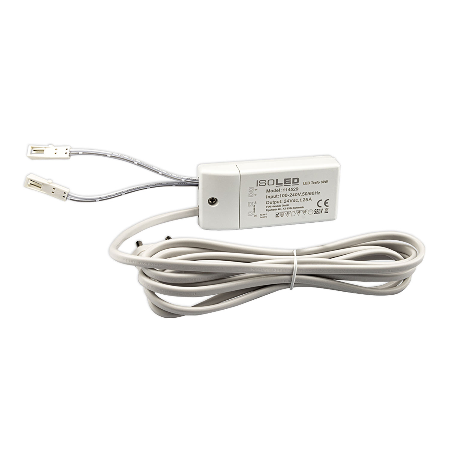 ISOLED LED Trafo MiniAMP 24V/DC 0-30W 200cm Kabel mit Flachstecker sekundär 2 female Buchsen