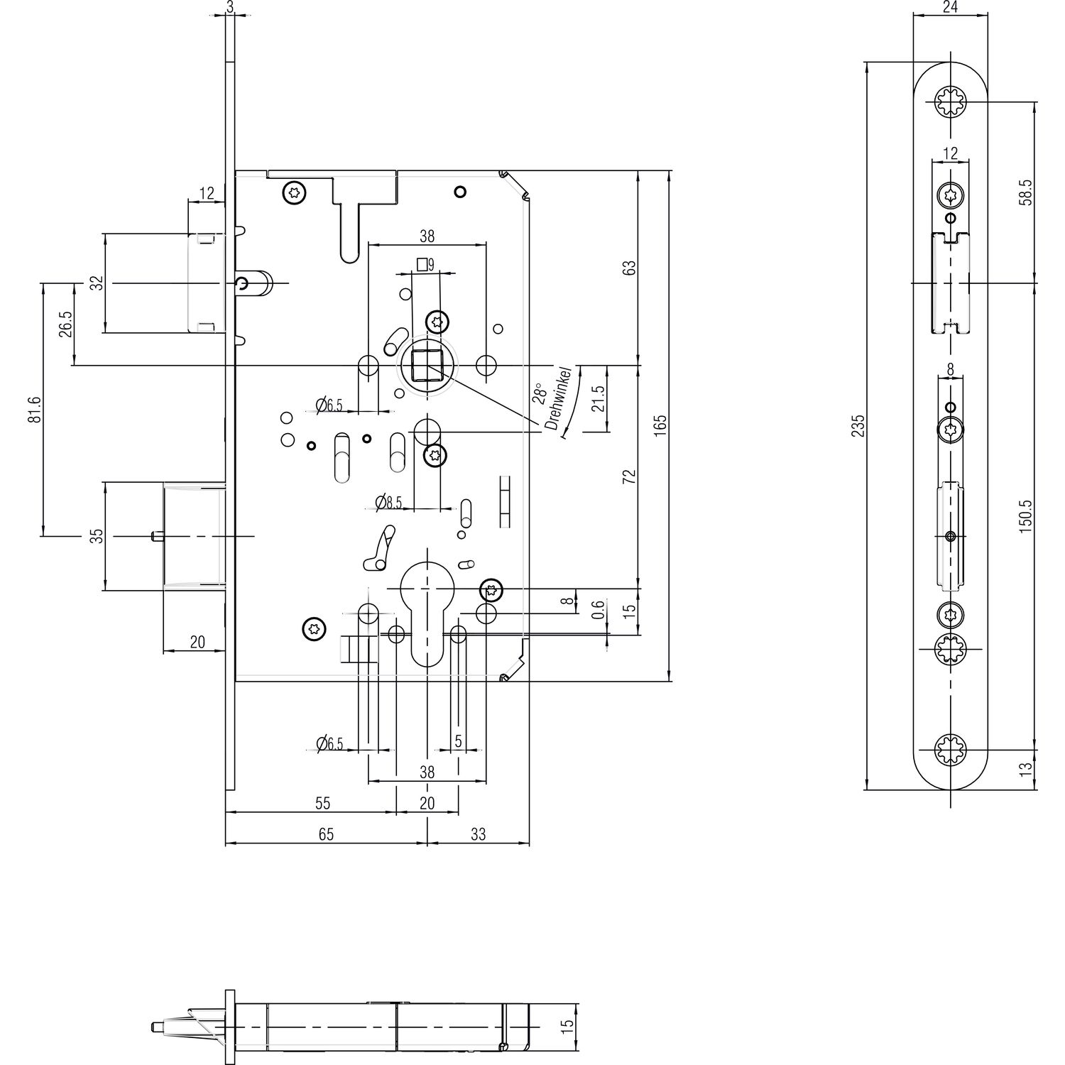 BKS Fluchttürschloss B-23270-27-L-8 2-flg. Funktion E, Rundstulp 24,PZ 65 univ.
