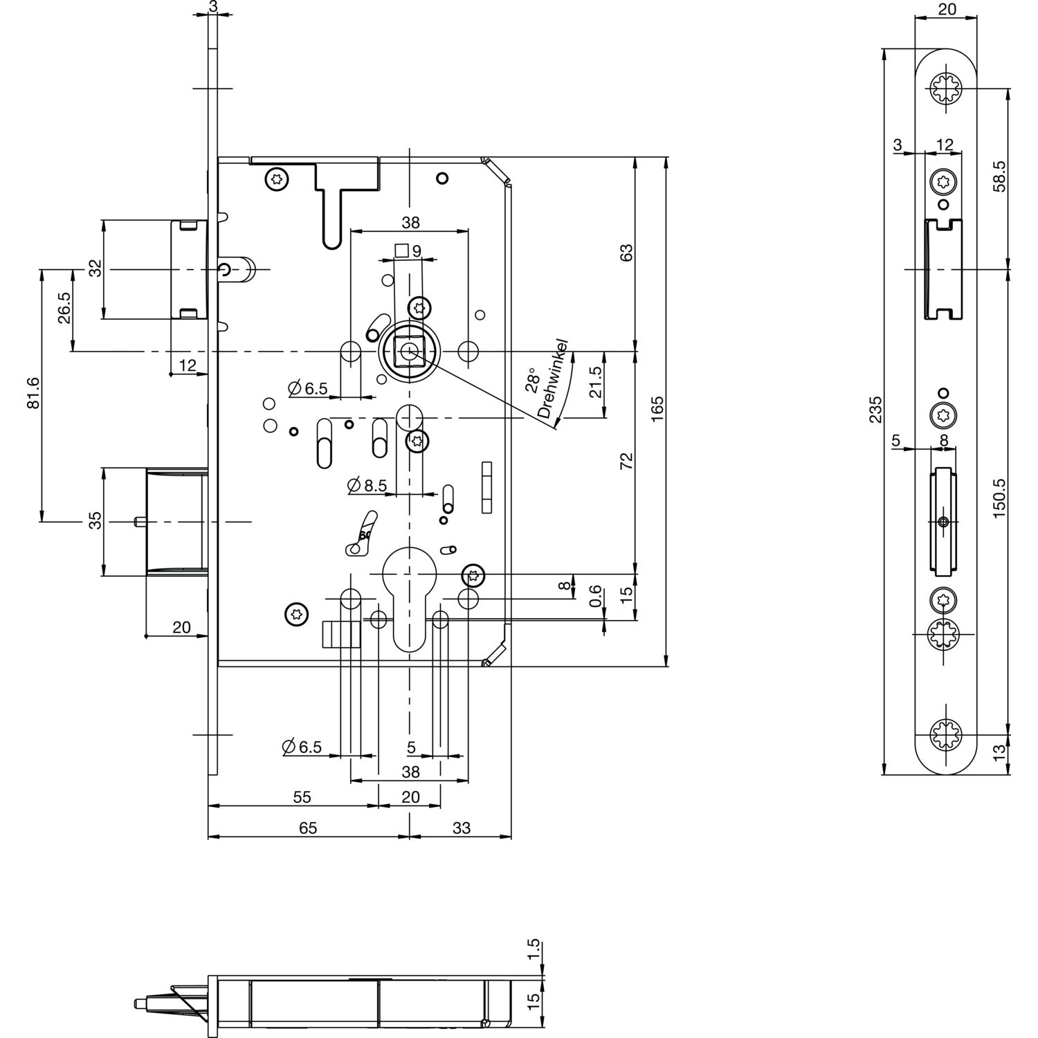 BKS Fluchttürschloss B-23210-06-R-8 2-flg. Funktion B, Rundstulp 20,PZ 80 rechts