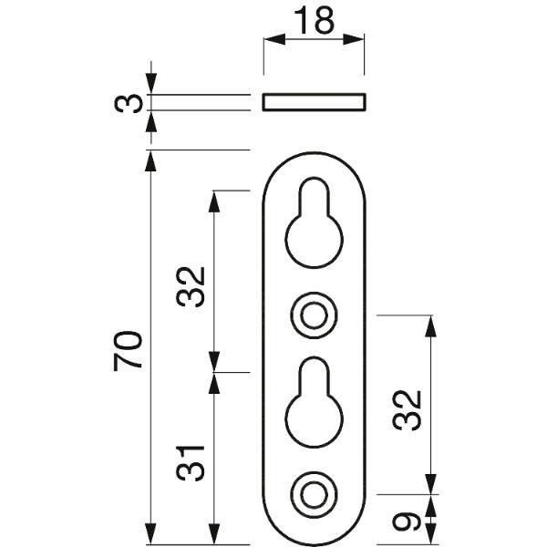 Linsen-Bettbeschlagplatte, 70 x 18 x 3 mm, 2 Schlüssellöcher, Stahl verzinkt