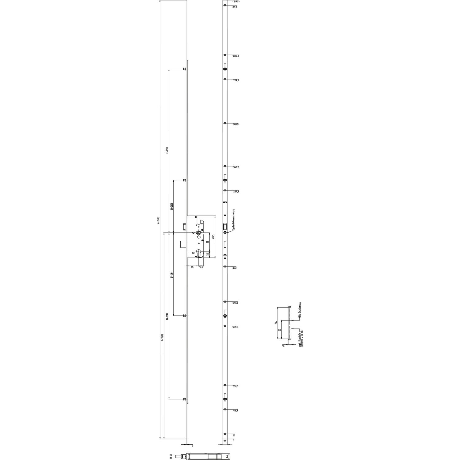ninka KFV MFV-Schloss BS 8100 DIN, DM 65, Stulp 20 mm eckig,verzinkt silber
