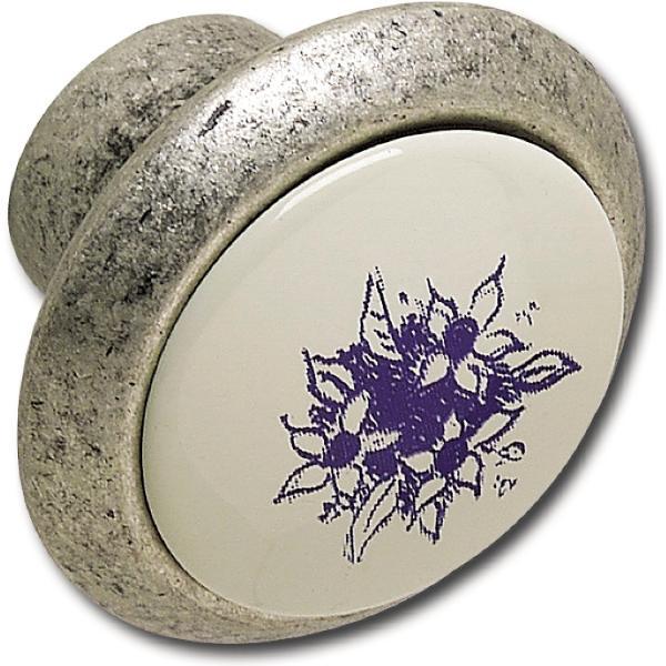 Knopf Tampa ø 40 mm, Tiefe 26 mm, ZN/Kunststoff, altsilber/Blume blau
