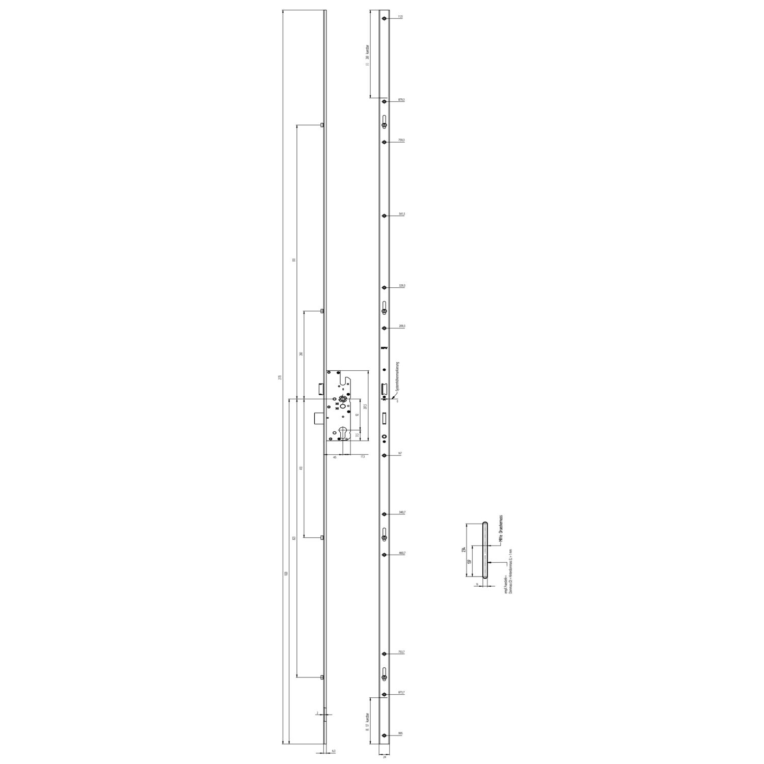 KFV Mehrfachverriegelungsschloss U-Stulp, 2170x24x6mm, DM 45,PZW,Stahl verzinkt