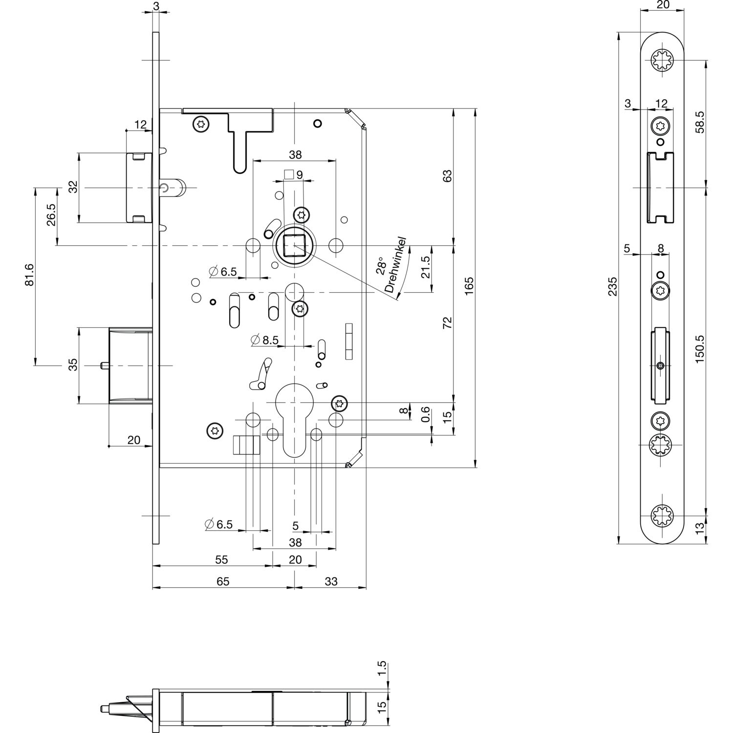 BKS Fluchttürschloss B-23270-02-L-8 2-flg. Funktion E, Rundstulp 20,PZ 65 links