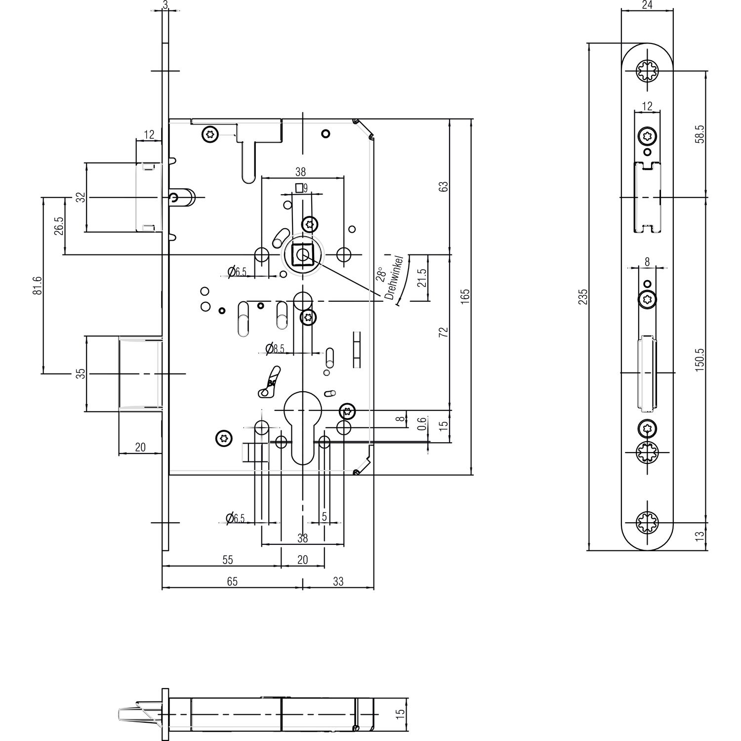 BKS Fluchttürschloss B-23200-44-L-8 1-flg. Funktion B, rund 24,PZ 65 universal