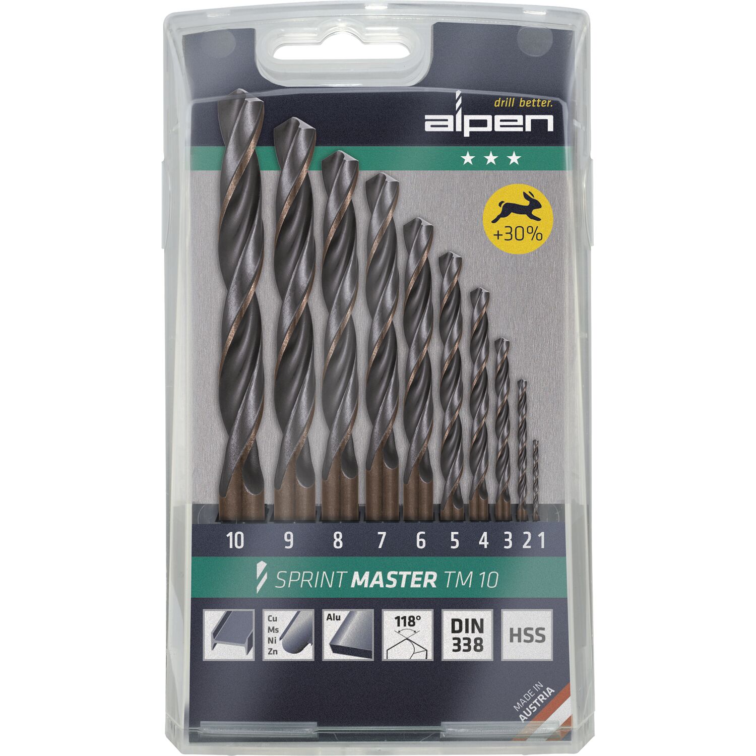 Alpen Bohrer-Kassette Sprint Master TM10 DIN338RN HSS ø1-10mm 10-teilig