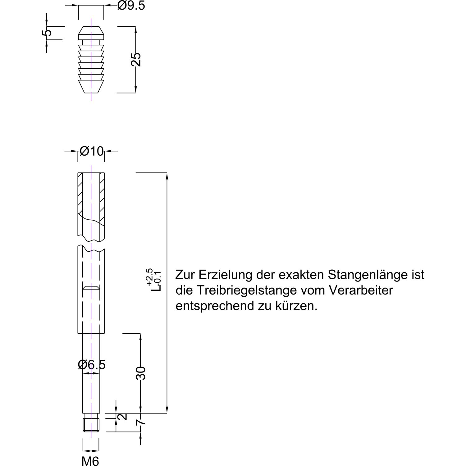 BMH Treibriegelstange 1101, 1385 mm, mit Gleitstopfen für oben, Stahl verzinkt