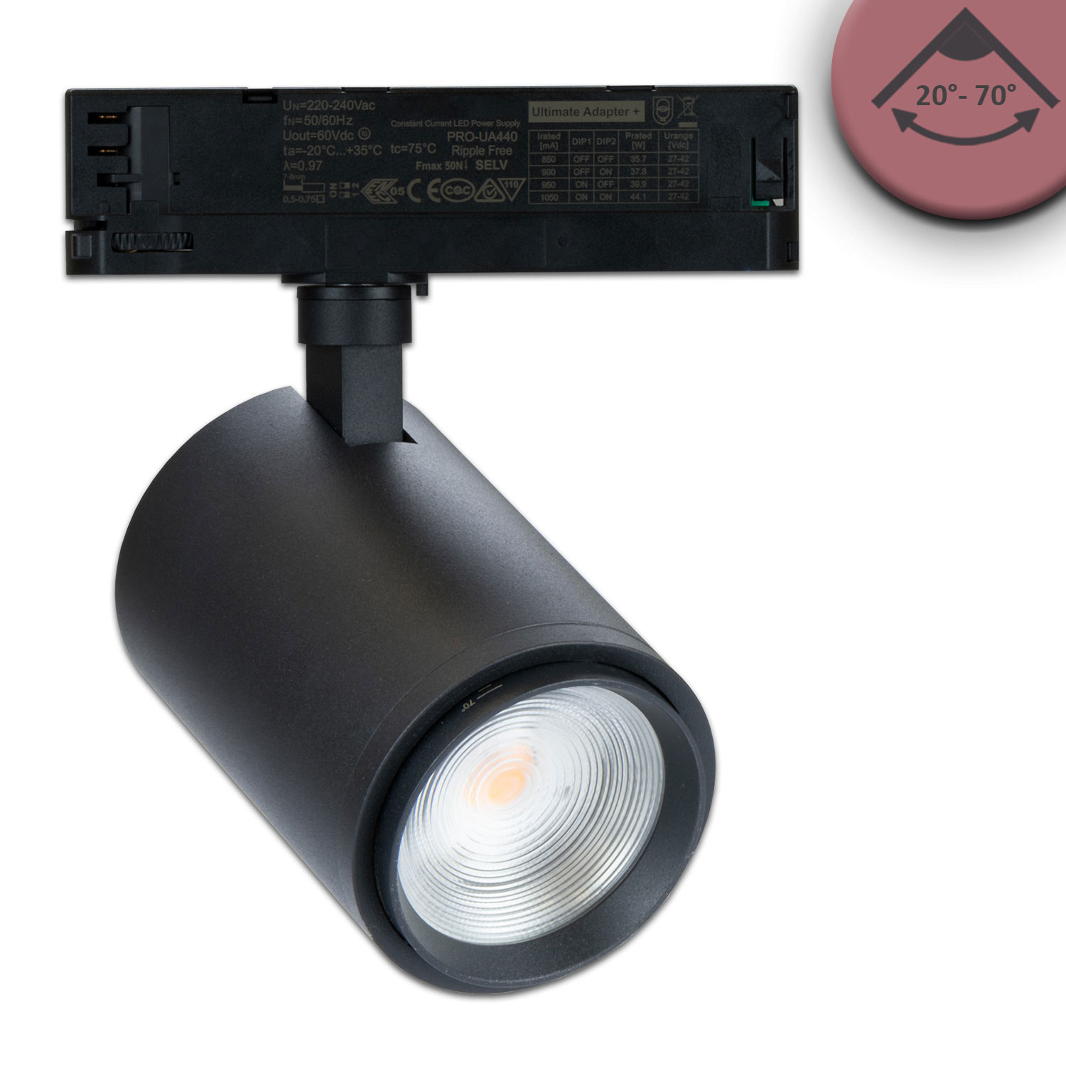 ISOLED 3-Phasen Schienen-Strahler fokussierbar 34W 20°-70° schwarz matt Fresh Meat 3200K