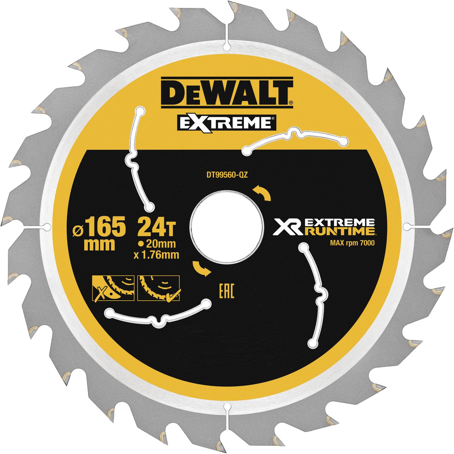 DeWalt Kreissägeblatt XR Extrem Runtime HM ø 165 x 1,76 x 20mm Zähne 24 (WZ/FZ)