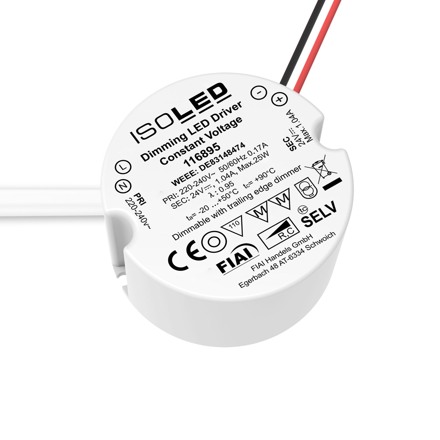 ISOLED LED Schalterdosen-PWM-Trafo 24V/DC 0-25W Tiefe 30mm IP65 dimmbar SELV