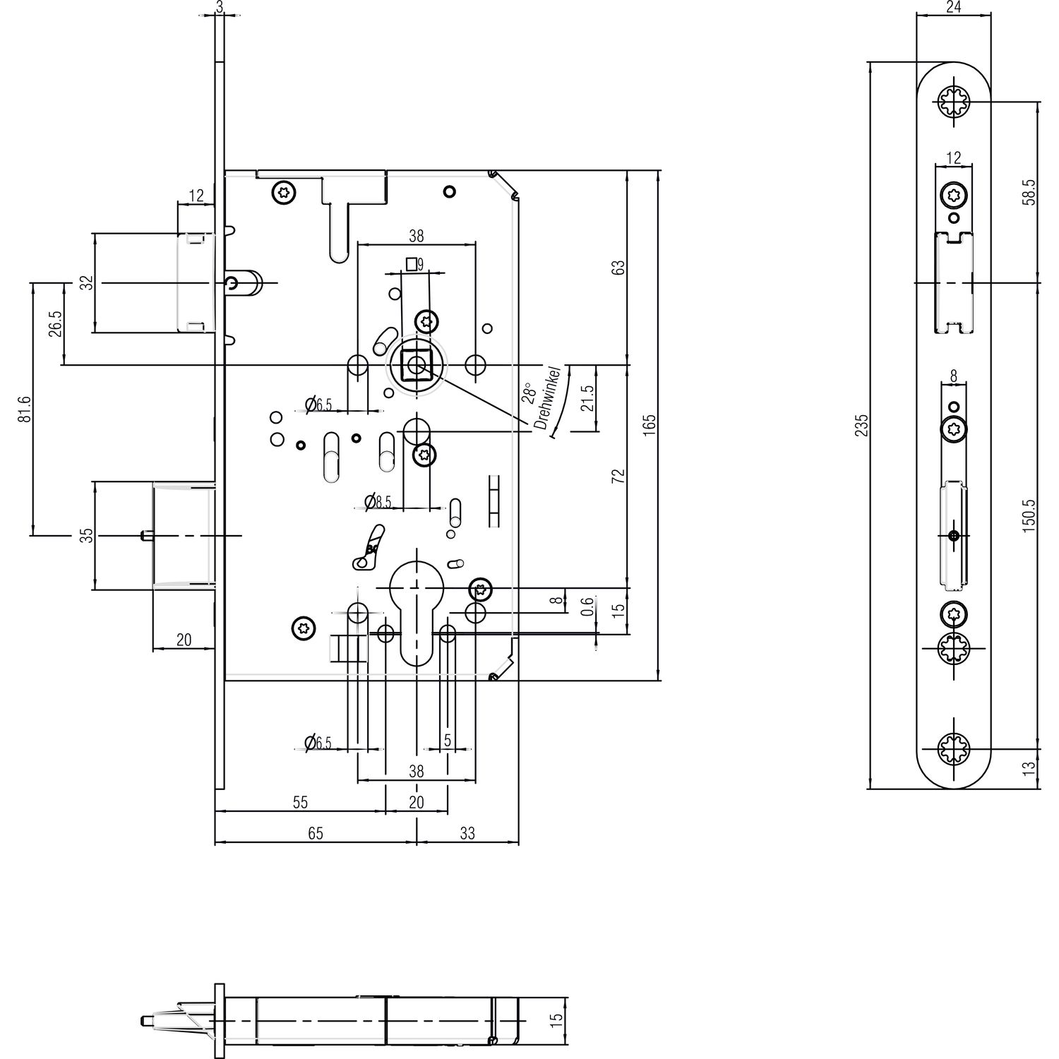 BKS Fluchttürschloss B-23210-44-L-8 2-flg. Funktion B, Rundstulp 24,PZ 65 univ.