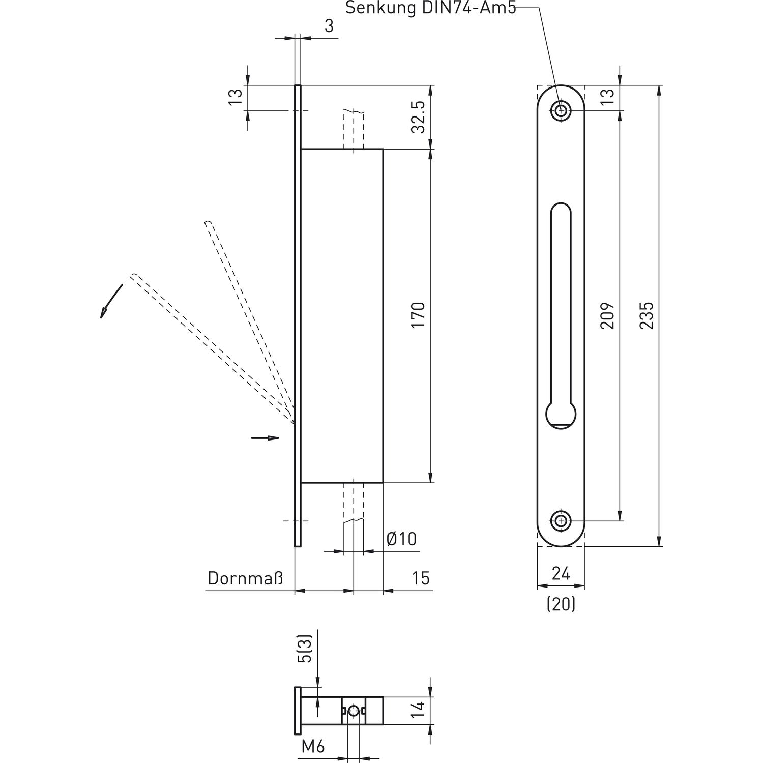BMH Falztreibriegel 1155, DM 45, Stulp 235 x 24 mm, Edelstahl