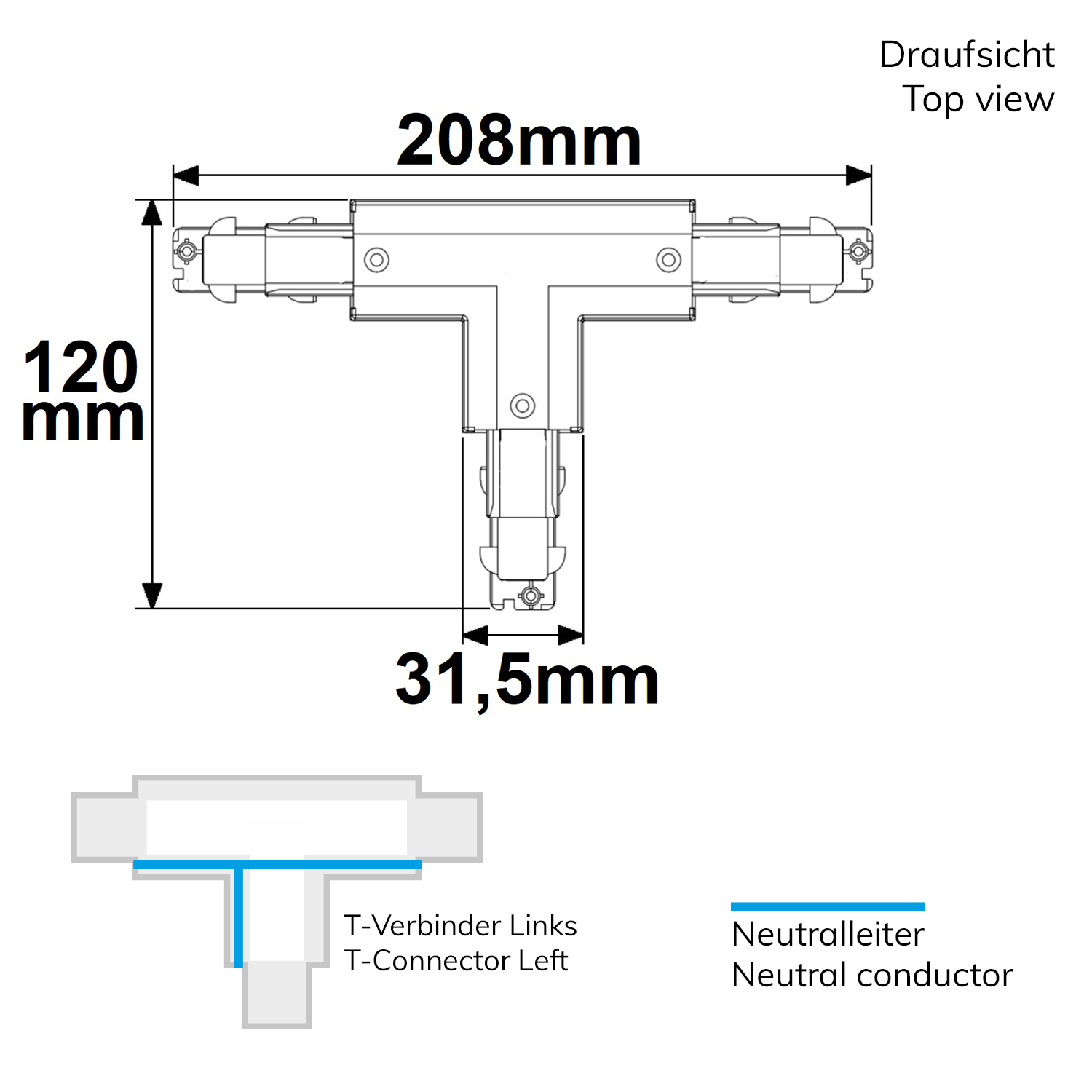 ISOLED 3-Phasen DALI T-Verbinder für Aufbauschiene N-Leiter links schwarz