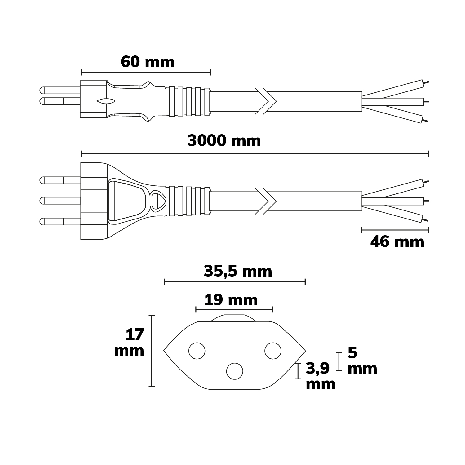 ISOLED Anschlussleitung 1,5m mit Stecker Typ J - Schweiz H05VV-F3G0,75mm² schwarz offene Enden