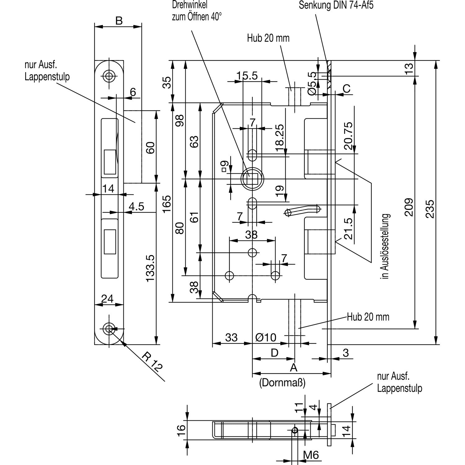 BKS Fluchttürtreibriegel 2390 für 23er-Serie, links, DM 65/24, Flachstulp, Edelstahl