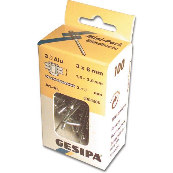ISO15977 GESIPA Blindniete Mini-Pack 4.0X 6 Aluminium/Stahldorn Flachkopf