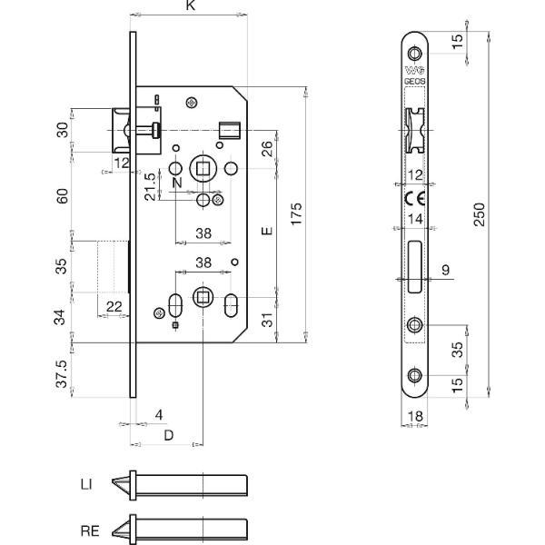 Grundmann WG Einstemmschloss 440 R, WC, DM 60, Stahl verzinkt silberfärbig