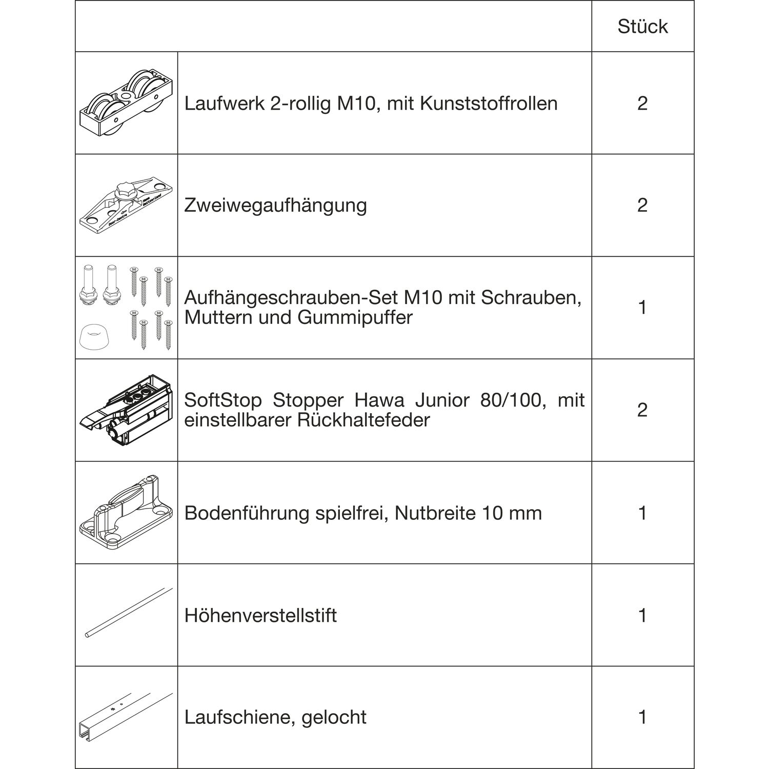ninka HAWA Junior 100/Z Beschlagset Holz SoftStop Laufschiene L=1600 mm silber