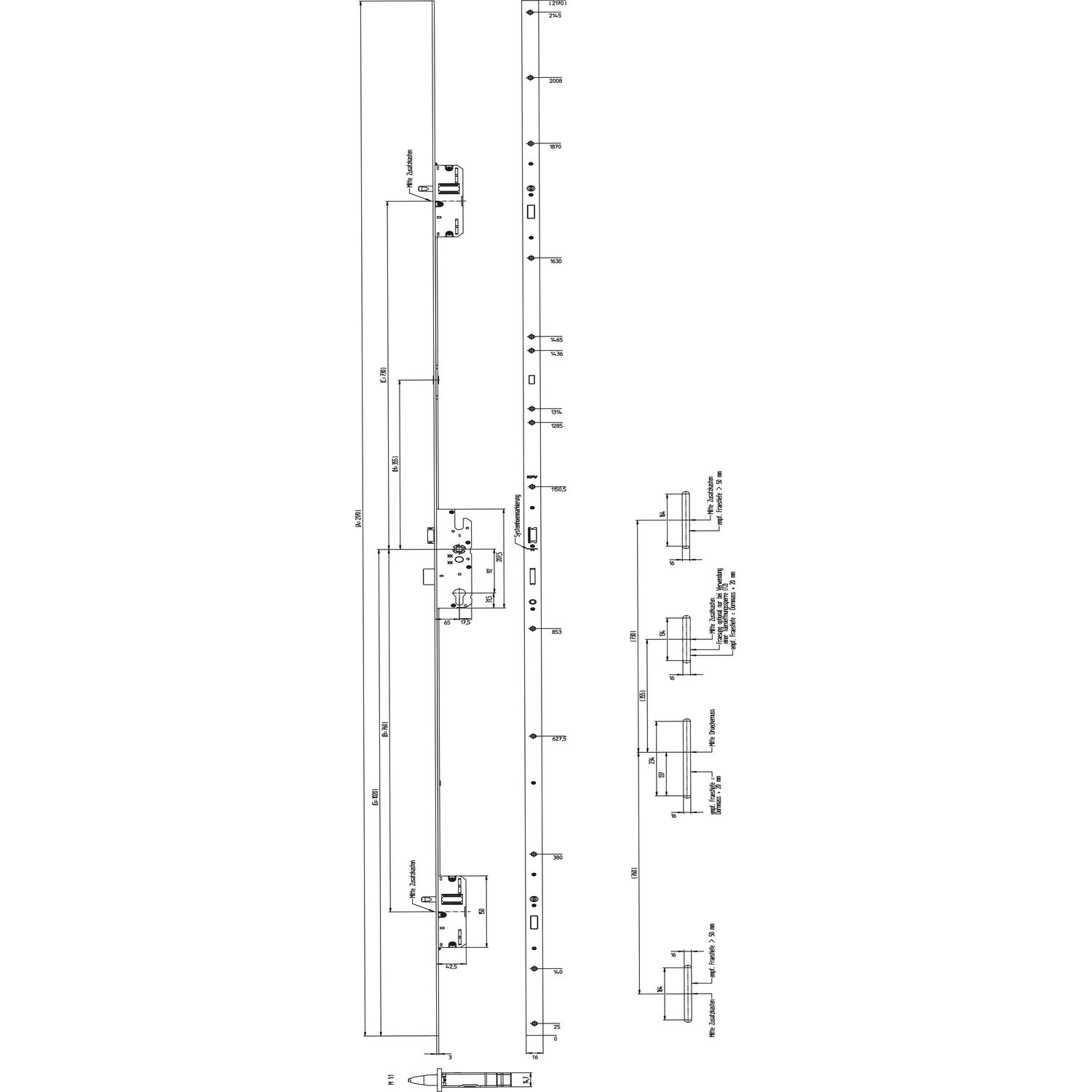 KFV MFV-Schloss BS 2300 DIN, DM 65, Stulp 16 mm eckig, VK 8 mm, Stahl verzinkt