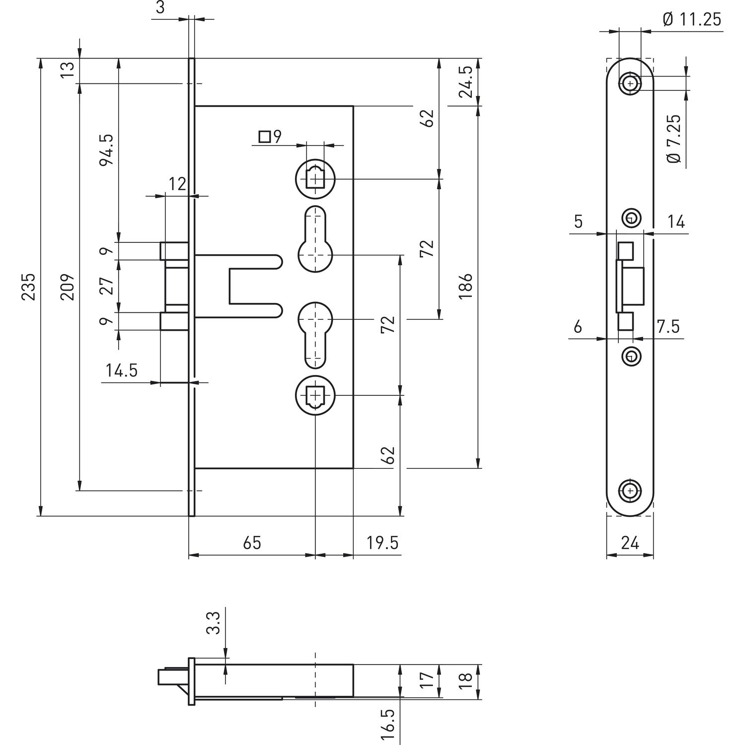 BMH Fluchttürschloss 1759, DM 65, Stahl verzinkt