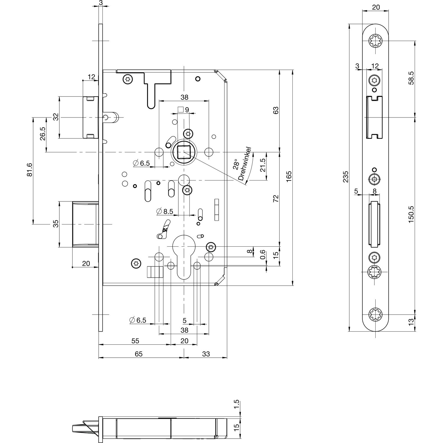 BKS Fluchttürschloss B-23260-02-L-8 1-flg. Funktion E, Rundstulp 20,PZ 65 links