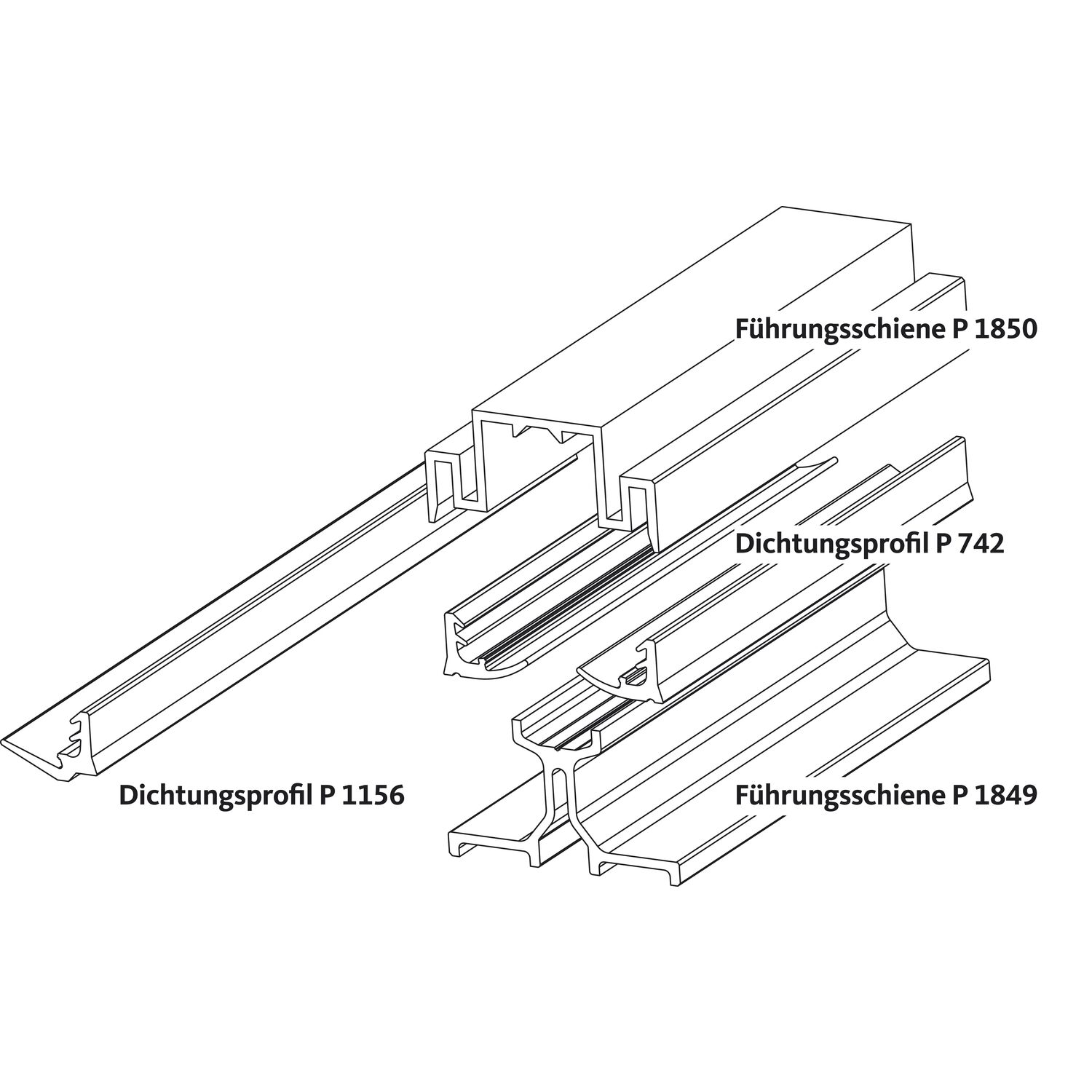 GU HS Führungsschienen-Set oben P1850 L=3900 mm silber eloxiert/Dichtung grau