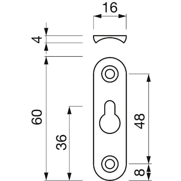 Linsen-Bettbeschlagplatte, 60 x 16 x 4 mm, 1 Schlüsselloch, Stahl verzinkt