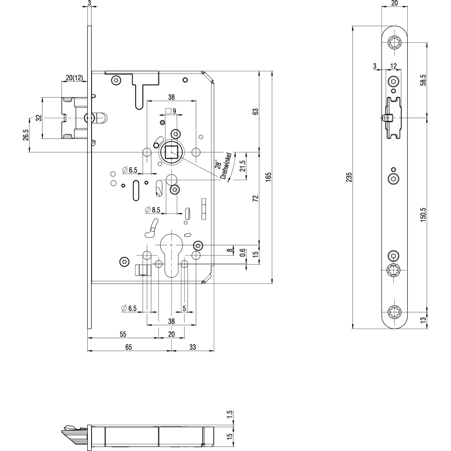 BKS Fluchttürschloss B-21160-02-L-8 1-flg. Funktion E, Rundstulp 20,PZ 65 links