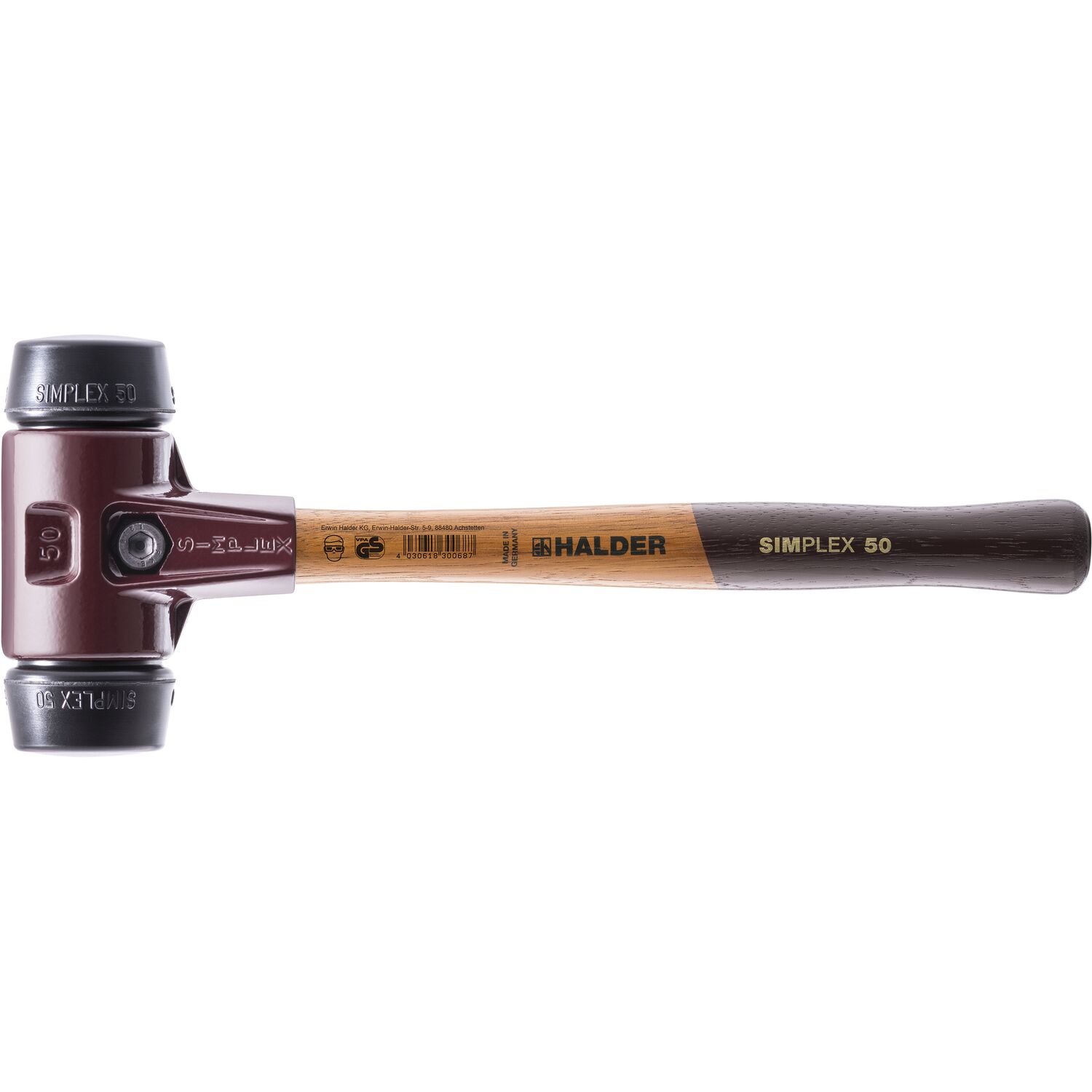 Halder Schonhammer Temperguss Kopf ø 40 mm Gummi schwarz Hickory Stiel