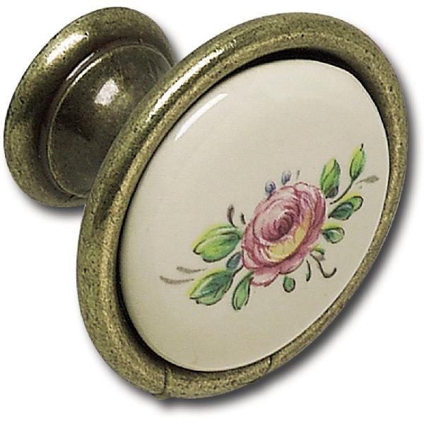 Knopf Rose ø 24 mm, Porzellan/ZN,Elfenbein, bemalt/altvermessingt