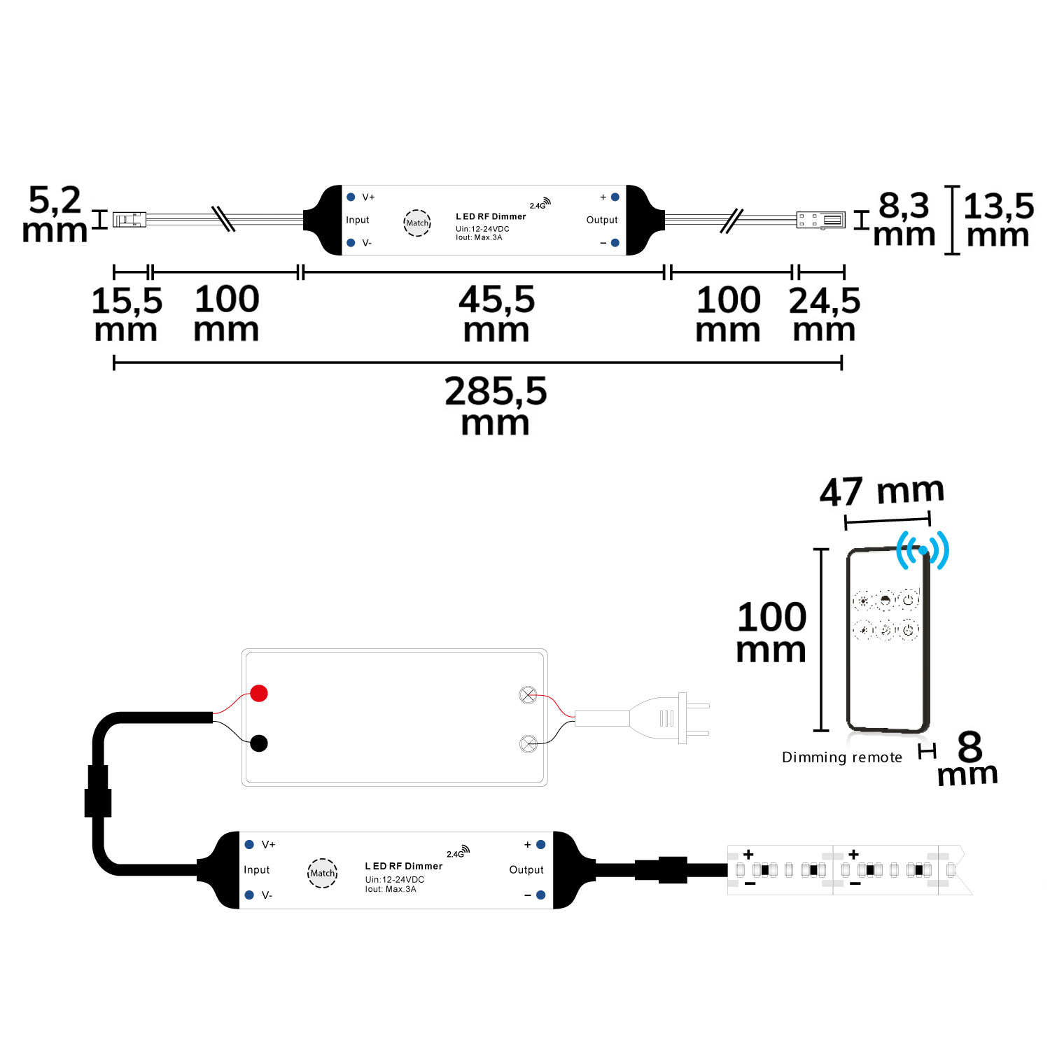 ISOLED LED Funk PWM-Dimmer MiniAMP inkl. Fernbedienung 12-24V DC 3A