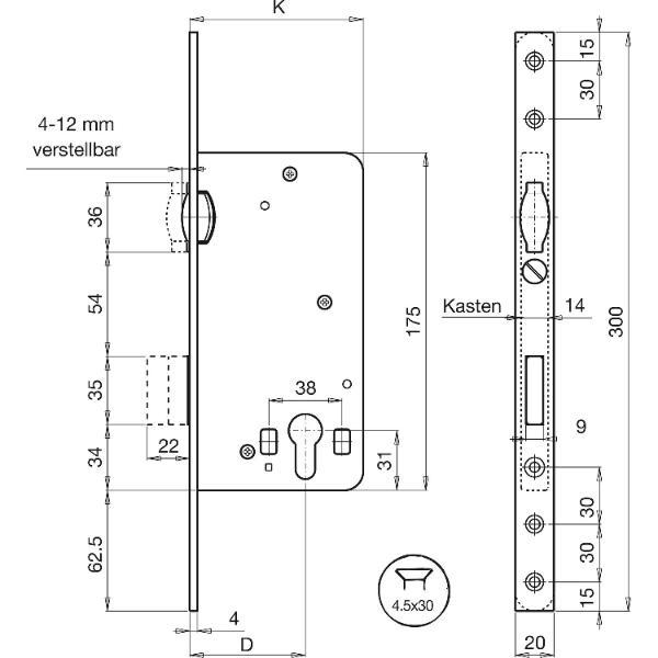 Grundmann WG Einstemmschloss PZ mit Rollfalle, DM 50 mm, Stahl silberfärbig verzinkt