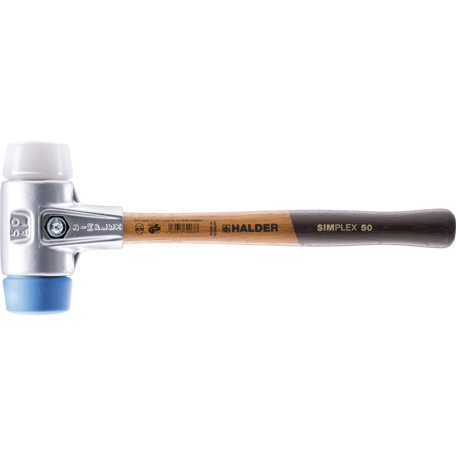 Halder Schonhammer Alu Kopf ø 50 mm TPE-Soft/Superplastik Hickory Stiel