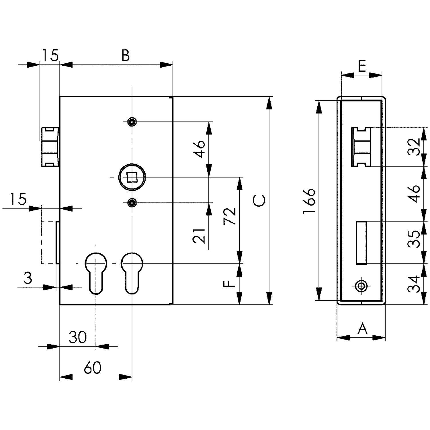 AMF Spezialschloss f. Stahlkonstruktionen 140D, 2 PZW,DM 30/60mm,Kastenstärke 40