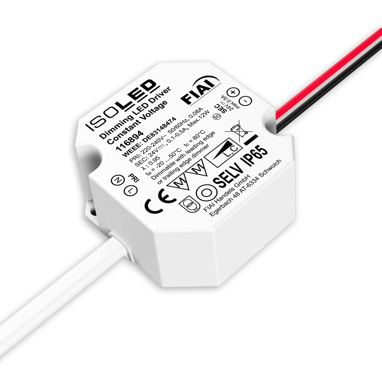 ISOLED LED Schalterdosen-PWM-Trafo 24V/DC 0-12W Tiefe 24mm IP65 dimmbar SELV