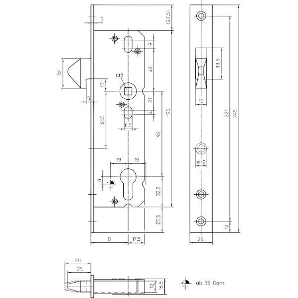 Schiebetürschloss mit Hakenfalle, PZW, DM 30, VK 8 mm, eckig, silber verzinkt