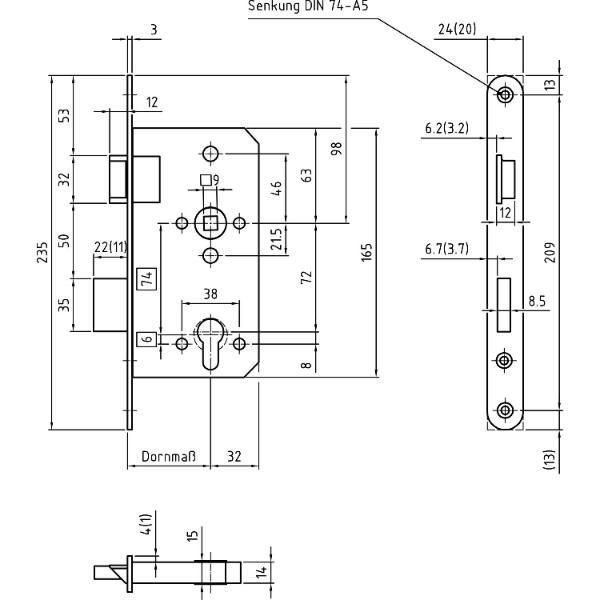 BMH Einstemmschloss 1000 PZW, links, Dorn 65, Rundstulp 24mm, Edelstahl