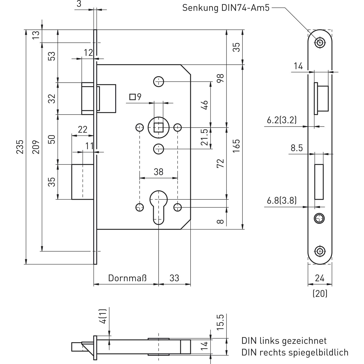 BMH Fluchttürschloss 6013 1-flg. Funktion E/EN 1125, rechts, Edelstahl Stulp 24