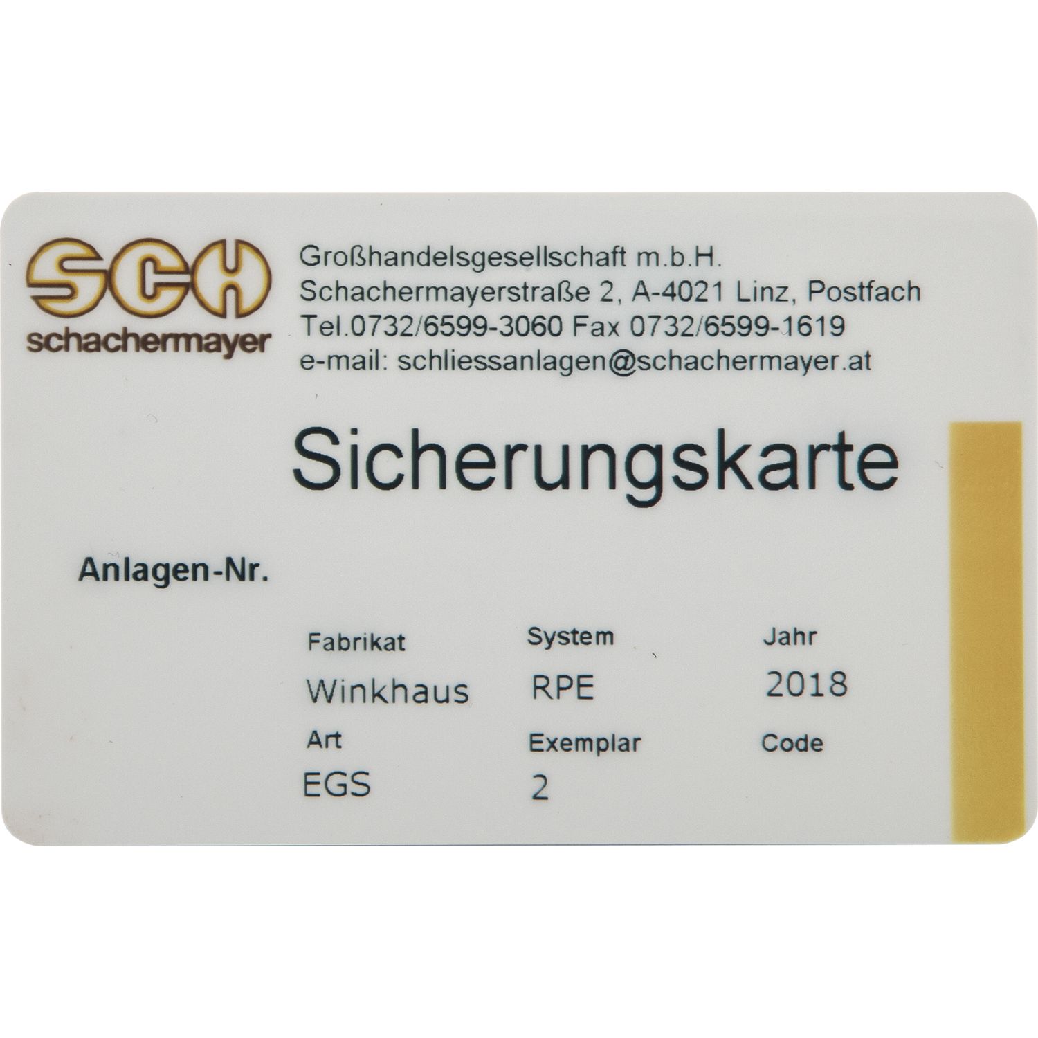 Winkhaus Zweitschrift Sicherungskarte WINKHAUS key Tec X-tra/ key Tec RPE/ key Tec N-tra