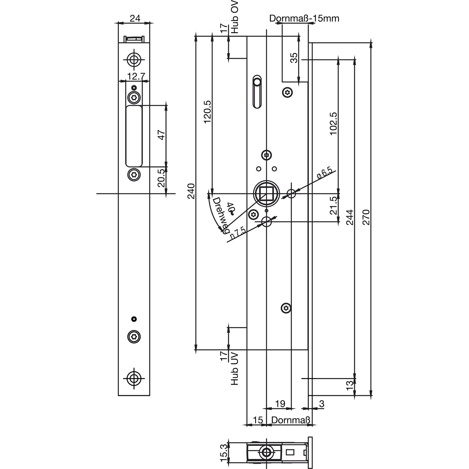 BKS Fluchttürtreibriegel 1990, DM 45, Stulp 270 x 24 x 3 mm eckig, Edelstahl