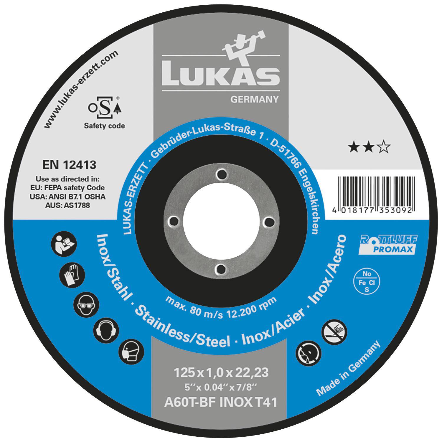 Lukas Trennscheibe Promax** gerade Form 125 x 1.0 mm Inox/Stahl