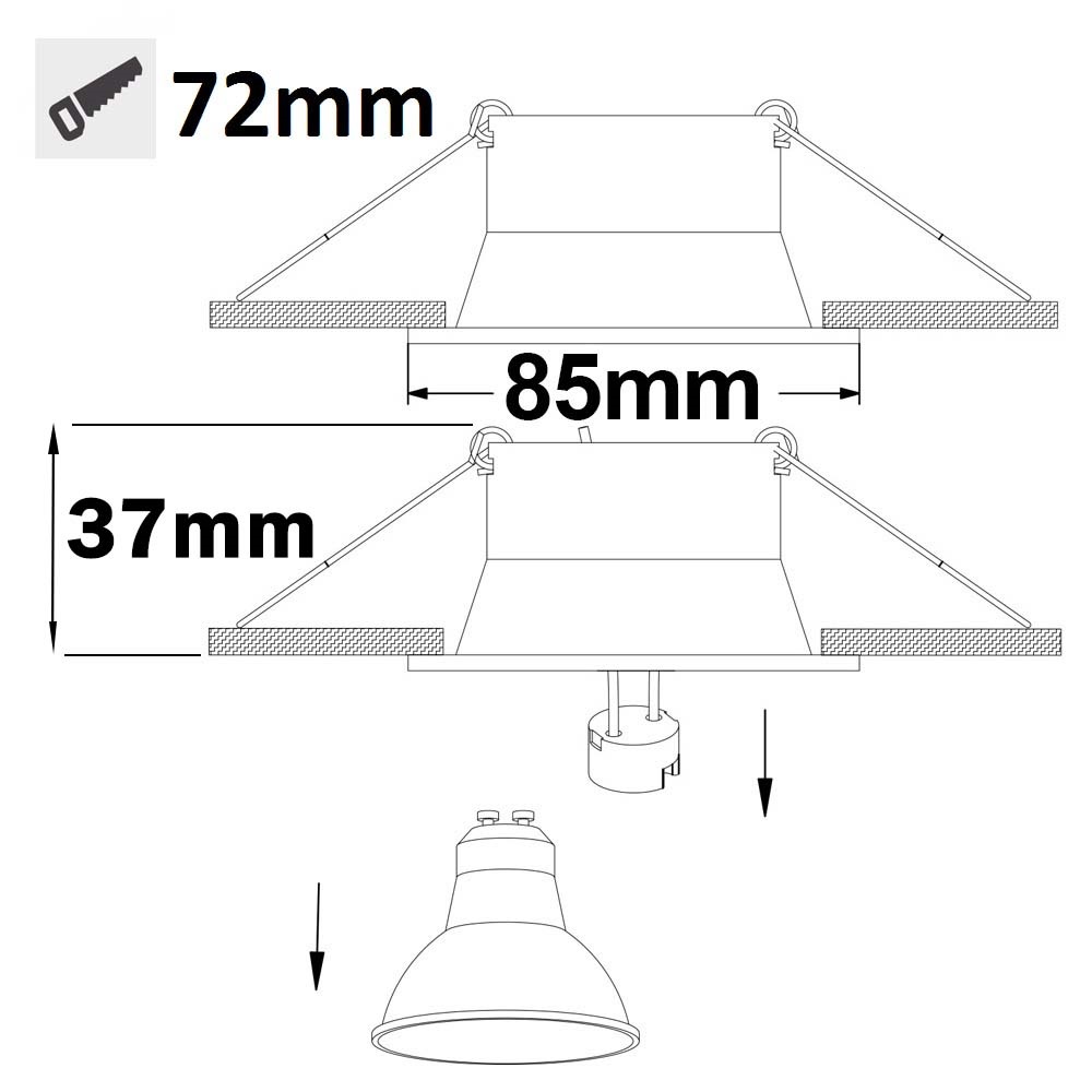 ISOLED Einbaurahmen rund mit Glaslinse Loch 72mm weiß für GU10/MR16 Spots