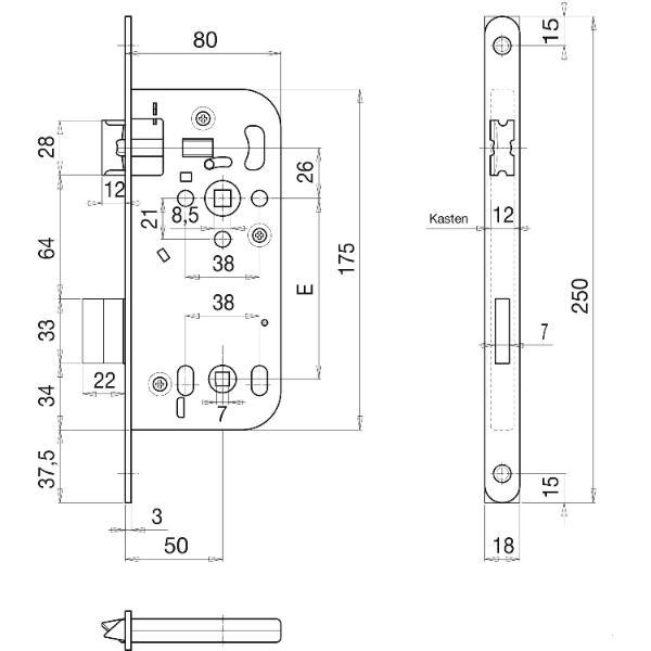 Grundmann WG Einstemmschloss 340 RK, rechts, DM 50, Stahl verzinkt silberfärbig