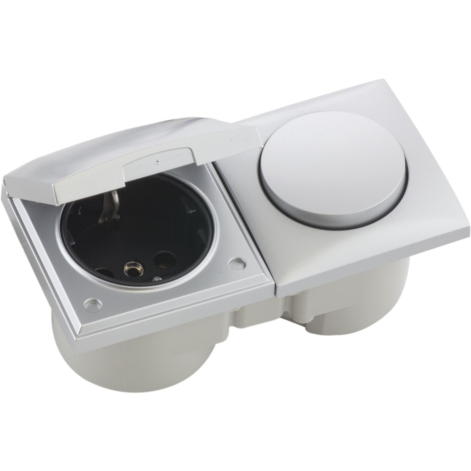 Berker Integro Flow Schalter/Deckel chrom matt + Steckdose schwarz