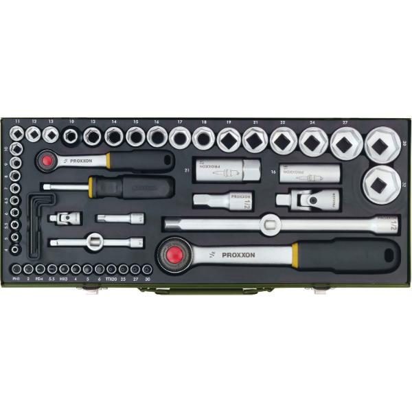 Proxxon Steckschlüssel-Satz 1/4"+1/2"vierkant mit Umschaltknarre 56-teilig